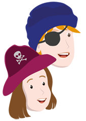 Zwei Piratenkinder (Junge mit Augenbinde, Mädchen mit Piratenhut)