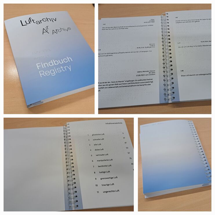 viermas das Buch mit verdeckter Ringbindung (links oben: Cover, daneben: aufgeschlagen mit Text und Brailleschrift, links unten: mit Inhaltsvereichnis, daneben: Rückseite des Buches