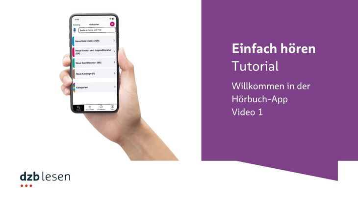 Links: Eine Hand hält ein Smartphone, auf dem die dzb lesen App geöffnet ist, rechts Text: Einfach hören, Tutorial, Willkommen in der Hörbuch-App, Video 1