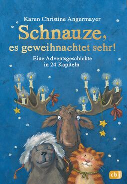 Cover "Schnauze, es geweihnachtet sehr" (Zeichnung: Ein Elch mit Kerzen im Geweih, Hund und Katze)