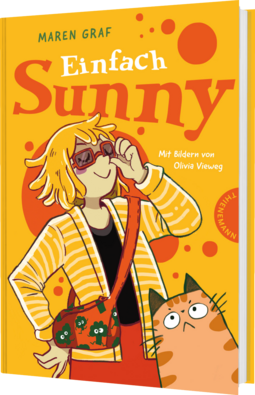Cover "Einfach Sunny" von Maren Graf, Illustration: ein Mädchen mit kurzen Haaren, einer Umhängetasche und einer Sonnenbrille, rechts unten schaut etwas ratlos eine Katze ins Bild