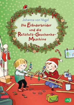 Cover "Die Erfinderbrüder und die Ratzfatz-Geschenkemaschine (Illustration: Zwei Kinder basteln eine Leiter, mehrere Becher und Buntstifte liegen auf dem Boden.