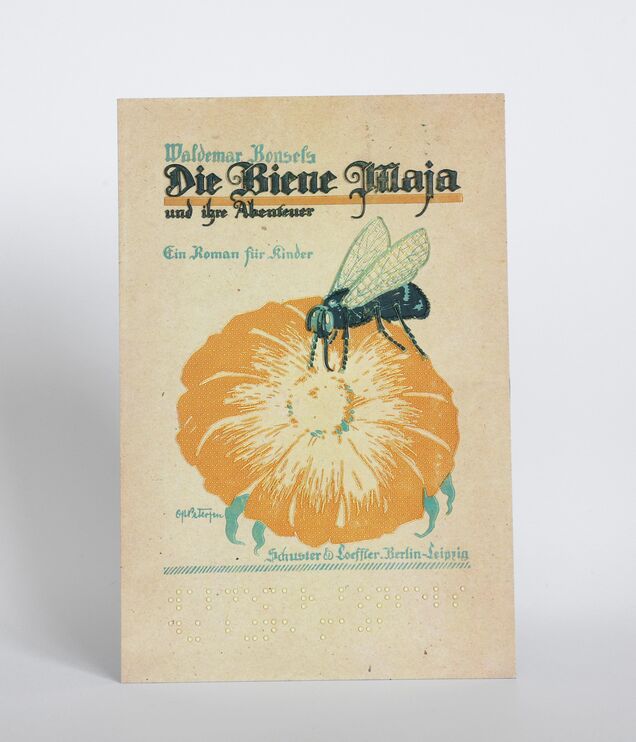 Tastbare Illustration (historischer Reliefdruck: Biene auf Blüte) mit Brailleschrift