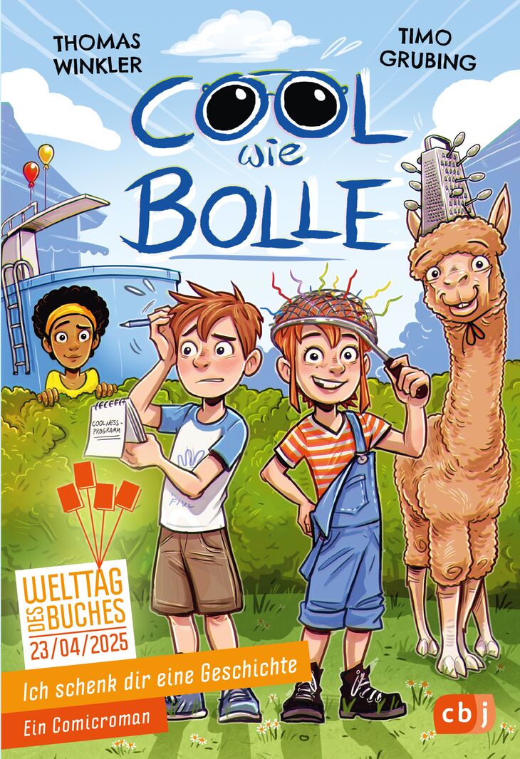 Cover des Buches "Cool wie Bolle" von Thomas Winkler (Grafik: Zwei Kinder auf einer Wiese mit einem Lama. Das rechte Kind hat ein Sieb auf dem Kopf, das linke einen Notizblick in der Hand. Im Hintergrund schaut ein Mädchen hinter der Hecke hervor.)