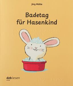 Cover "Badetag für Hasenkind" (Illustration: ein in einer runden, roten Schüssel badender weißer Hase mit Schaumhaube zwischen den Ohren)