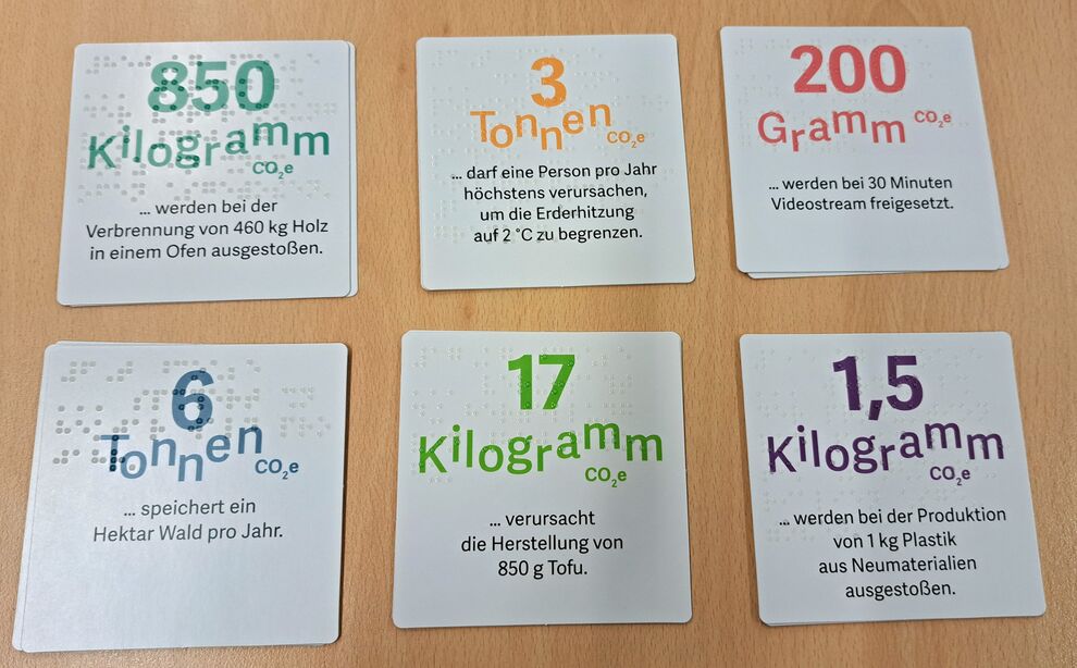 Sechs Karten, einseitiger Farbdruck mit Text und Braillelack