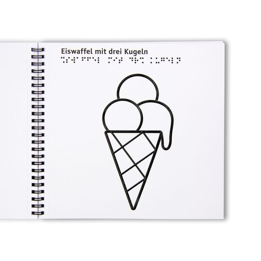 Aufgeschlagenes Ringbuch mit Eistüte zum Ausmalen