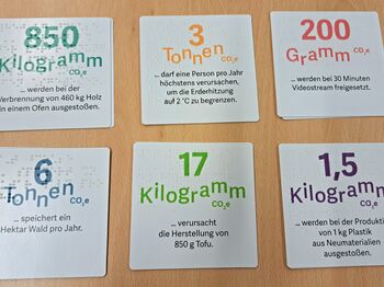 Sechs Karten, einseitiger Farbdruck mit Text und Braillelack