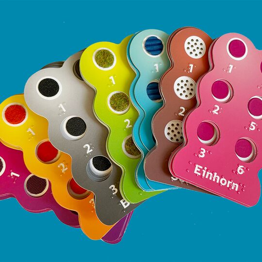 Sieben farbige Karten-Packs mit je sechs Löchern (im Sechs-Punkte-Format der Brailleschrift), die wie in der Hand liegend angeordnet sind