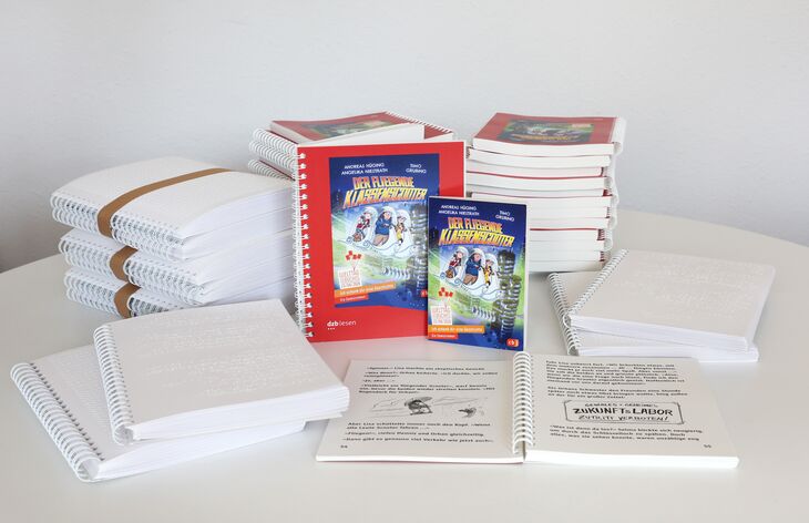 Auf einem Tisch liegen mehrere Bücher in Brailleschrift und Großdruck auf einem Stapel. Die Cover eines Großdruckbuches und eines im Original stehen vor dem Bücherstapel. Im Vordergrund liegt ein aufgeschlagenes Buch mit Illustrationen in Großdruck.