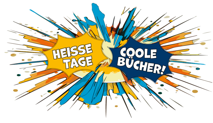 Grafik: Bunter Knall mit Sprechblasen "Heiße Tage" und "Coole Bücher"