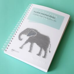 Ringbuch "Punkte machen Bilder: 15 Anleitungen für Braillebilder, darunter ein Elefant, tastbar aus Braillepunkten, links unten das dzb lesen-Logo