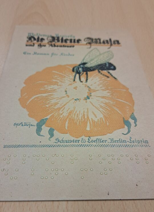 Tastbare Illustration (historischer Reliefdruck: Biene auf Blüte) mit Brailleschrift