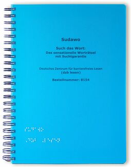 Ringbuch mit Titel "Sudawo - Such das Wort: das sensationelle Worträtsel mit Suchtgarantie", links unten in Brailleschrift: Sudawo, dzb lesen