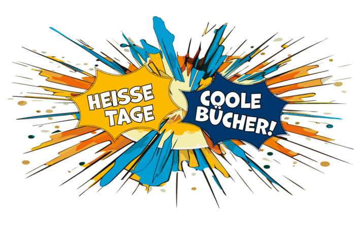 Grafik: Bunter Knall mit Sprechblasen "Heiße Tage" und "Coole Bücher"